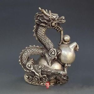 Collezione Argento tibetano Dragon Gourd Carvings Statua della fortuna