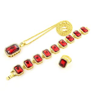 3pcs Gold Plated Hip Hop CZ Red Ruby 24inch Rope Chain Combo Set of Necklace Bracelet Ring Men's Fashion Jewelry Gifts