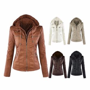 Wholesale free shipping Womens New Faux Twinset Detachable Hat Autumn Winter Faux Leather Slim Jacket Hoodie Hooded Zip-up Pockets Outerwear