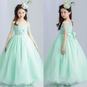Güzel 2017 Nane Yeşil Organze Prenses Çiçek Kız Elbise Düğün İçin Spagetti Kısa Kollu Kat Uzunluk Kızlar Pageant elbise EN4196