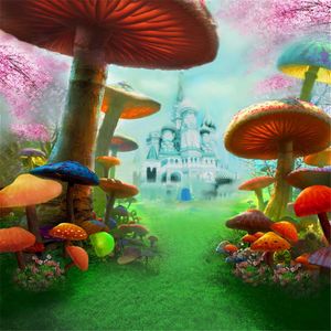 8x8ft Fairy Tale Children Background Photography Colorful Mushrooms Green Grass European Castle Baby Photo Booth Backdrop Studio Props