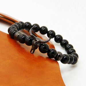 1PCS Matador Pulseiras 8mm Cow contas Pedra Preto Onyx E Tiger Eye Com Alloy MenWomen Tourada Charm Bracelet