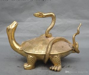 11"Chinese Feng shui brass Longevity Animal Snake tortoise turtle Xuan wu Statue