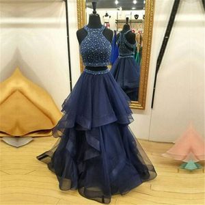 Dwuczęściowy Skromny Klejnot Zipper Bez Rękawów Ruffles Organza Crystals Prom Dress Dark Blue Ball Suknie Suknie Wieczorowe Vestidos Longos Para Festa