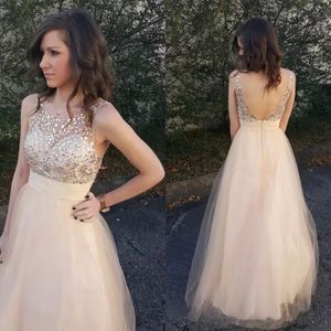 Champagne Tulle Crystal Beaded Evening Dresses Long Cheap Sexy Backless Floor Length Formal Party Prom Gowns Custom Made