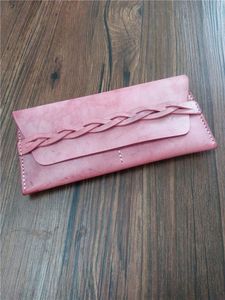 Wholesale Original Wipe wax vegetable tanning cowhide genuine leather handmade Women Pink Wallet Italy High Quality bag designer LongWallet
