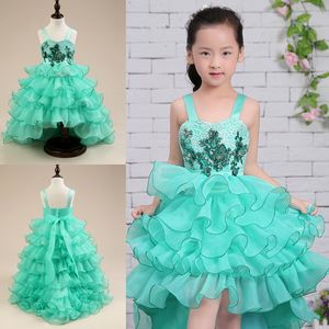Blue White High Low Flower Girl Dresses For Weddings Organza Ruffles Lace Applique Beaded Little Girl Pageant Party Birthday Communion Dress