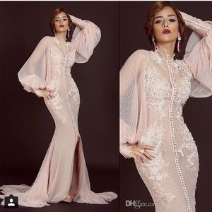 Mermaid Prom Dresses Arabic Evening Gowns 2019 Saudi Arabia Long Sleeves Sheer High Neck Appliques Front Slit Peach Blush Formal Dress