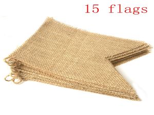 20sets / parti 15 flaggor dovetail jute burlap flaggor födelsedagsfest linne pennant flagga banner bröllop heminredningshändelse leveranser burlap