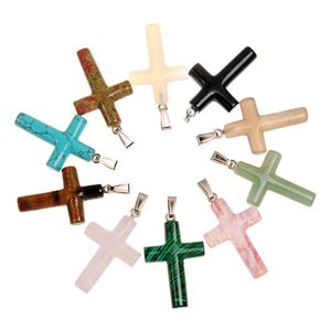 Mixed Natural Energy Crystal Stones Slim Hanging Celtic Cross Lucky Pendant Free Beads for Women Men Hand Carved Pendants Jewelry