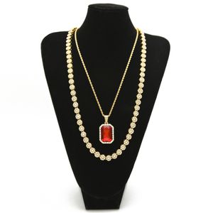 Men Hip hop Jewelry Set 30inch lced Out Rhinestone 1 Row Round Necklace Chain With Square Red Blue Pendant Necklace
