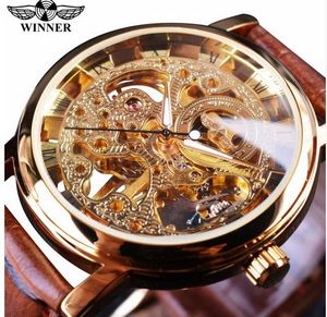 Vencedor caso dourado transparente luxo design casual pulseira de couro marrom relógios masculinos marca superior luxo esqueleto mecânico watch240k