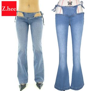 Wholesale- Size Ultra Low Waist Bikini Wide Leg Flare Jeans For Women Bikini Bandage Wide Leg Women Jeans Wide Leg Flare Pants