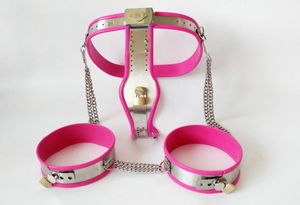 Dispositivi per cintura di castità in acciaio inossidabile modello T regolabile femminile DBSM Pantaloni per bondage con giocattoli sessuali con set di polsini per la coscia