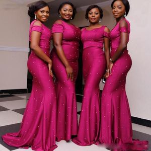 Fushcia Artı Boyutu Gelinlik Modelleri Uzun Kapalı Omuz Boncuk Kısa Kollu Onur Elbiseleri Akşam Giymek Afrika Düğün Konuk Dress