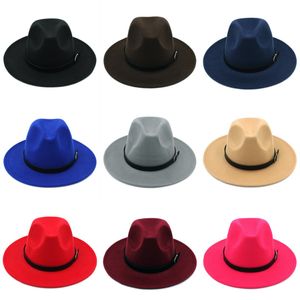 Moda Unisex Mężczyźni Kobiety Wełny Mieszanka Panama Kapelusze Szerokie Brim Fedora Trilby Caps Belt Baskle Band