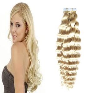 613 Blond Virgin Hair Human Tape In Kinky Curly Human Hair Extensions 50g 20pcs / Set Skin Weft Seamless Human Hair