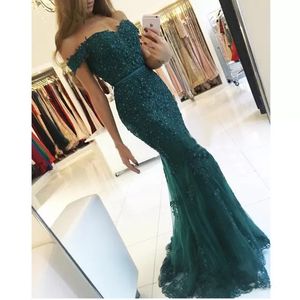 Teal Green Boat Neckline Aftonklänning Beaded Sexig Mermaid Prom Gown med Slim Belt Formal Occasion Dress Party Dress