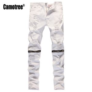 Atacado- Mens Designer Slim Branco Buracos Rasgados Calça Jeans Skinny Biker Jeans Afligido Joelho Zipper Design Streetwear