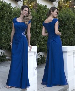 Abiti da damigella d'onore modesti blu royal lunghi con maniche corte in chiffon perle formali abiti da festa della sera da sera formali