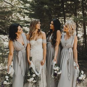 Modest 2017 Silver Grey Chiffon Bohemian Bridesmaid Dresses Long Cheap V Neck Ruched With Sash Maid Of Honor Gowns Custom Made EN9152