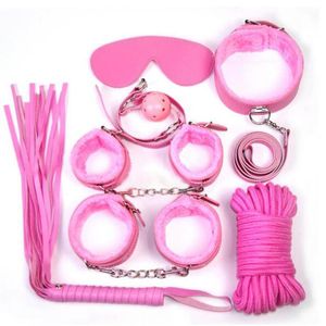 Giocattolo del sesso all'ingrosso Bondage in pelle Restraint Fetish Frusta Corda Benda Polsini da polso Collare Bocca Gag Bondage kit 7 Pz / set