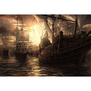 Pirate Ships Ocean Photography Backgrounds Nightfall Sunset Scenery Children Kids Photo Shoot Backdrop for Studio Digital Stage Backdrops