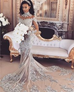 Luxuriöses glitzerndes Meerjungfrau-Hochzeitskleid 2022, sexy, transparente Bling-Perlen, Spitze, Applikation, Stehkragen, Illusion, lange Ärmel, Champagner, Trompete, Br252E