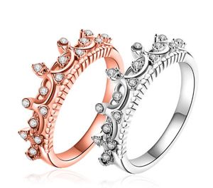 Vacker Princess Smycken Plating 925 Sterling Silver Rose Gold Crown Crystal Diamond Ring Zircon Wedding Ring Size US8