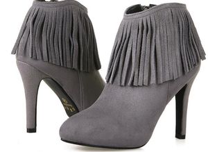 Kvinnors Högklackat Läder Tassel Ankel Boots Fashion Gorgeous Party Pumpar Skor Julklapp 9cm Svart Grå US3-7.5