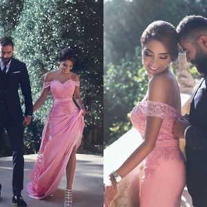 Romantic 2017 Pink Chiffon And Lace Mermaid Prom Dresses Long With Detachable Train Sexy Off Shoulder Long Party Gowns Custom EN12173