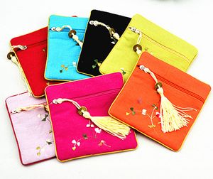 Tassel Embroidered Small Coin Purse Cotton Linen Zipper Jewelry Gift Bag Square Cloth Storage Pouch Wedding Party Favor Bags 50pcs/lot