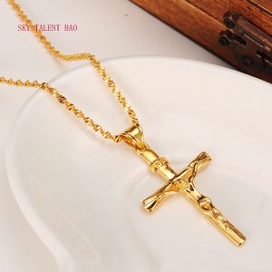 Men Women 24k gold real Gf 2mm Smooth Chain Necklace Cross Pendant INRI Juses Crucifix Christianity INBI Jesus of Nazareth King