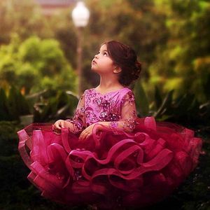 Tutù a strati completo Abito da spettacolo per ragazze Gioiello Collo con paillettes Applique Lovely Kids Abiti da cerimonia 2017 Flower Girl Dress con manica lunga