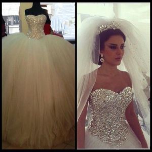 Real Photos Spark Bling Rhinestone Ball Gown Wedding Dresses Puffy Beaded Crystal Long Beach Country Bridal Gowns Holiday Cheap boho Dress