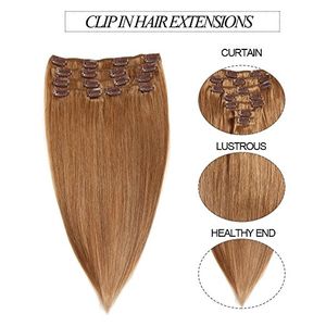 ELIBESS Hair - Clip In Human Hair Extensions 7pcs 100grams 16clips Straight Wave Full Head 16inch-26inch #12 Color Golden Brown