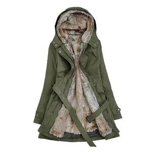 도매 - 새로운 겨울 여성 코트 가짜 모피 여성 코트 블랙 베이지 색 육군 녹색 오버 코트 따뜻한 두꺼운 분리형 내부 트렌치 플러스 크기