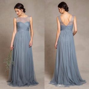 Elegante staubige blaue Tüll Brautjungfernkleider Illusion Bateau Ausschnitt Falten Mieder Eine Linie Bodenlangen Prom Kleider