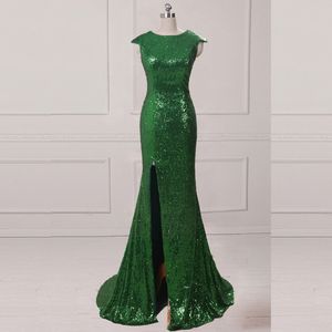 Bling Bling Emerald Green Cekinowy Sukienka Klejnot Neck Zakryta Bez Rękawów Syrenka Elegancka Suknia Wieczorowa Z Split Prom S Gown Sweet Train