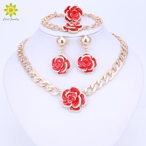 Grânulos africanos Conjuntos de Jóias de Cristal Banhado A Ouro Esmalte Rhinestone Rose Flor Colar Brincos Pulseira Anel Acessórios Do Casamento