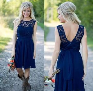 Royal Blue Bridesmaid Dresses Sexy Sheer Lace A Line Backless Chiffon Beach Country Style Short Bridesmaids Dress Knee Length