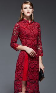 Vintage Lace Embroidery Women Sheath Dress 3/4 Sleeve Sexy Split Dresses 119A722