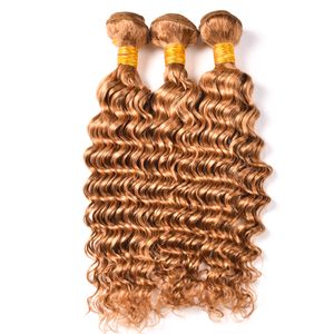 Hot Selling Deep Wave Mänskliga Hår Bundlar Honey Blonde # 27 Deep Wave Hair Weaves 3pcs Obehandlade Dubbel väft Deep Curly Wave Hair Extensions