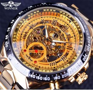 Winner Full Steel Gold Watch Number Lunetta Design sportivo Orologi da uomo Orologio meccanico automatico di lusso delle migliori marche