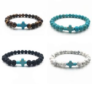 Natural Lava Tiger Eye Stone Prayer Beads Strands Charm Bracelets Turquoise Cross Volcanic Rock Men Women Jewelry