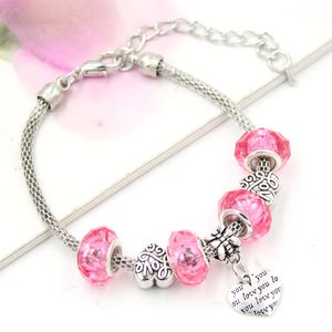 New Arrival Wholesale Jewelry Bracelet Pink European Bead I Love You Heart Charm bracelets for women Valentine Day Gift Jewelry Bracelet