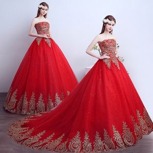 Cheap Lace Red Wedding Dress In Stock Sweetheart Strapless Floor Length and Court Train Lace Up Backless Gold Applique Bridal Gowns