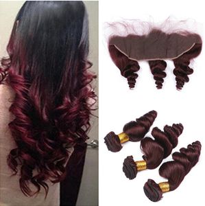 Loose Wave Wavy #99J Wine Red Brazilian Virgin Human Hair With Frontal 4Pcs Lot 13x4 Burgundy Lace Frontal Closure With Bundles