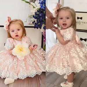 Blush Flower Girl Dresses Cap Sleeves Lace Formal Gowns Knä Längd Girls Party Dress With Big Bow Back Back