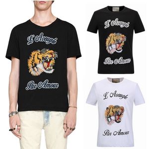 T-shirt tigerhuvud broderi bokstav tee stretch bomull shortsleeves smal stil topp manlig rund hals